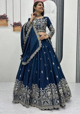Navy Blue Embroidery Vichitra Lehenga Set