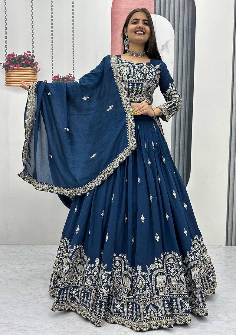 Navy Blue Embroidery Vichitra Lehenga Set - Indya
