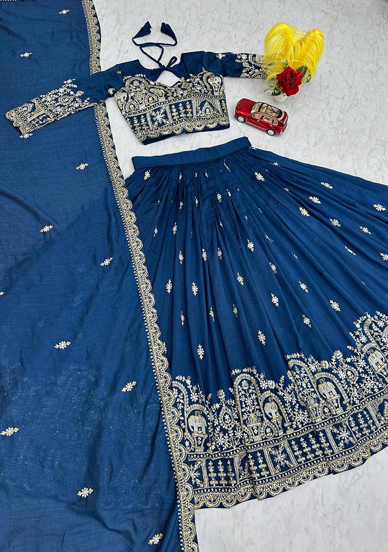 Navy Blue Embroidery Vichitra Lehenga Set - Indya
