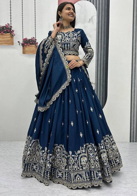 Navy Blue Embroidery Vichitra Lehenga Set