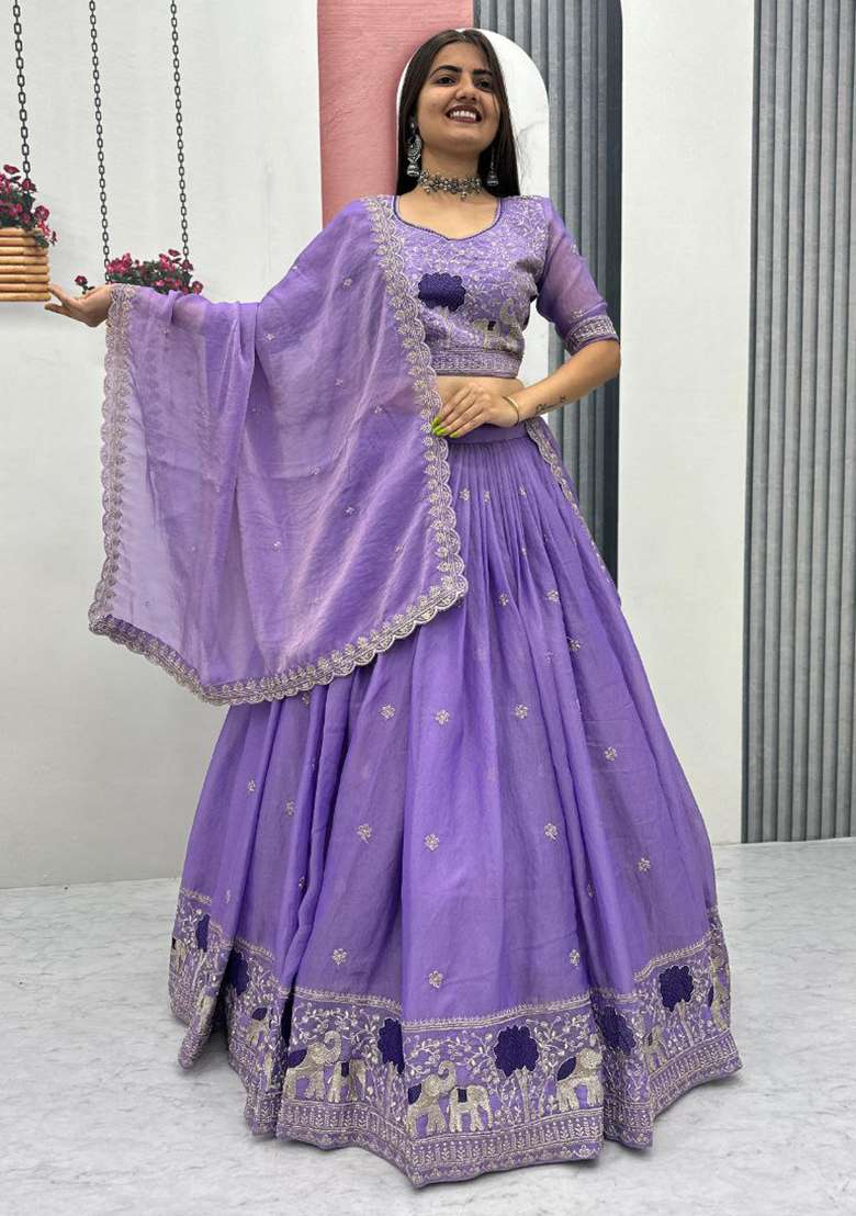 Lavender Moss Simar Lehenga Set with Embroidery for Diwali | Wedding & Festive Wear - Indya
