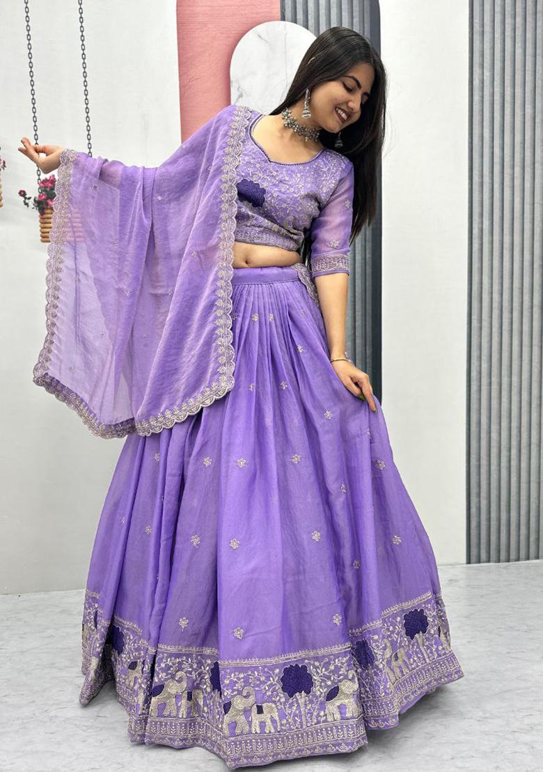Lavender Embroidery Moss Simar Lehenga Set - Indya