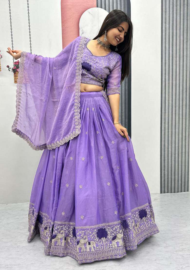 Lavender Moss Simar Lehenga Set with Embroidery for Diwali | Wedding & Festive Wear - Indya