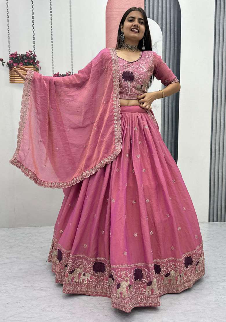 Pink Moss Simar Lehenga Set with Embroidery for Diwali | Wedding & Festive Wear - Indya