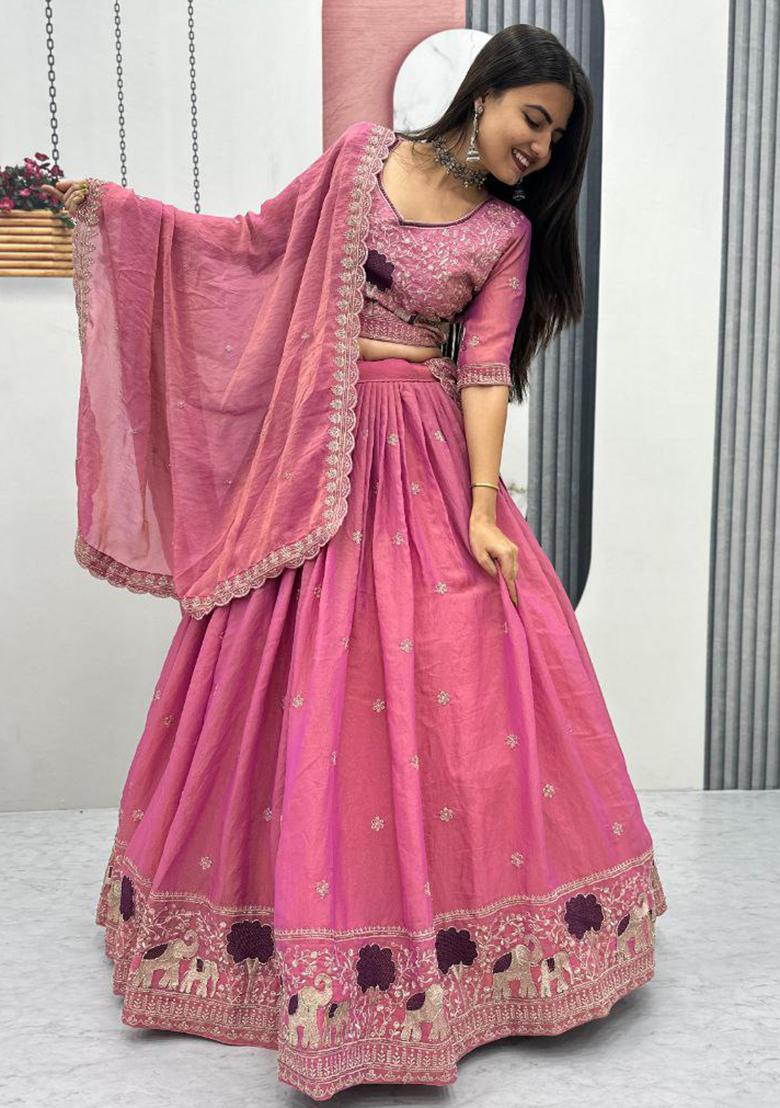 Pink Embroidery Moss Simar Lehenga Set - Indya
