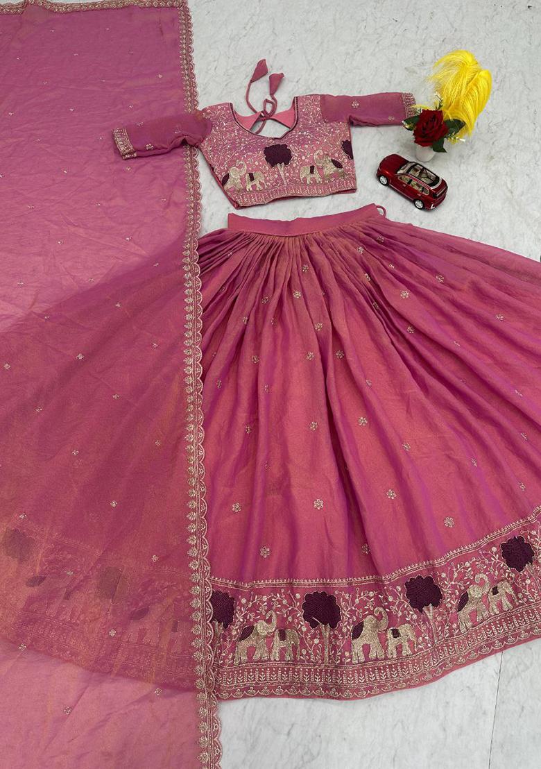 Pink Embroidery Moss Simar Lehenga Set - Indya