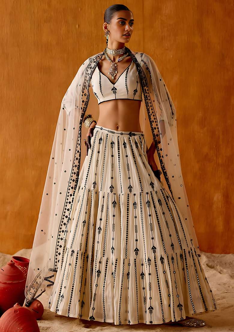 Off White Embroidery Georgette Lehenga Set - Indya
