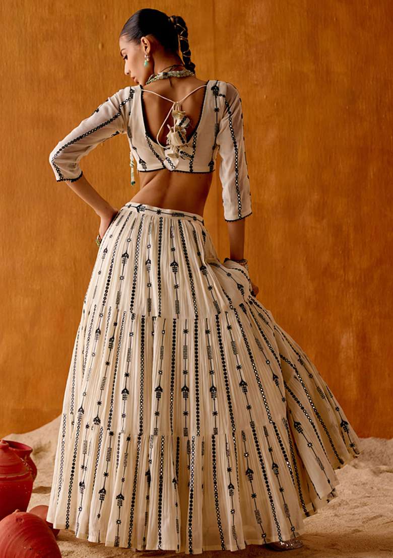 Off White Embroidery Georgette Lehenga Set - Indya