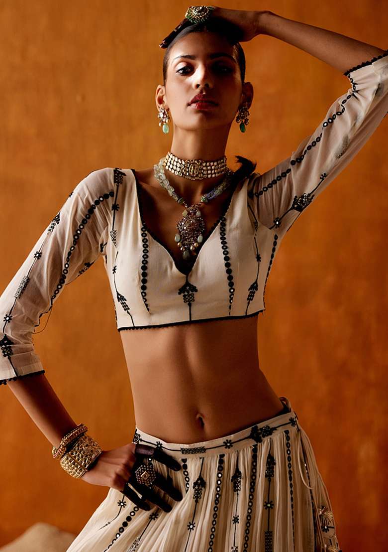 Off White Embroidery Georgette Lehenga Set - Indya
