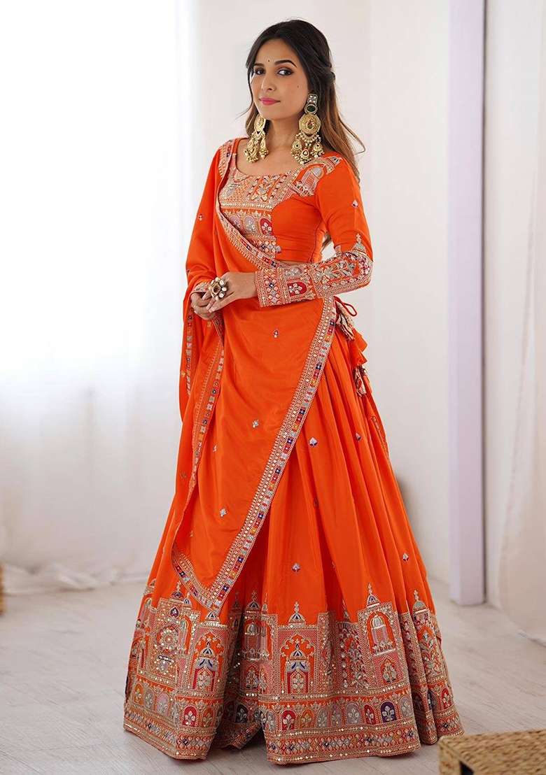 Orange Embroidery Silk Blend Lehenga Set - Indya