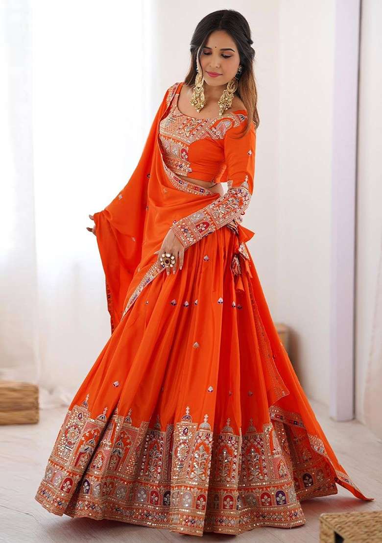 Orange Embroidery Silk Blend Lehenga Set - Indya