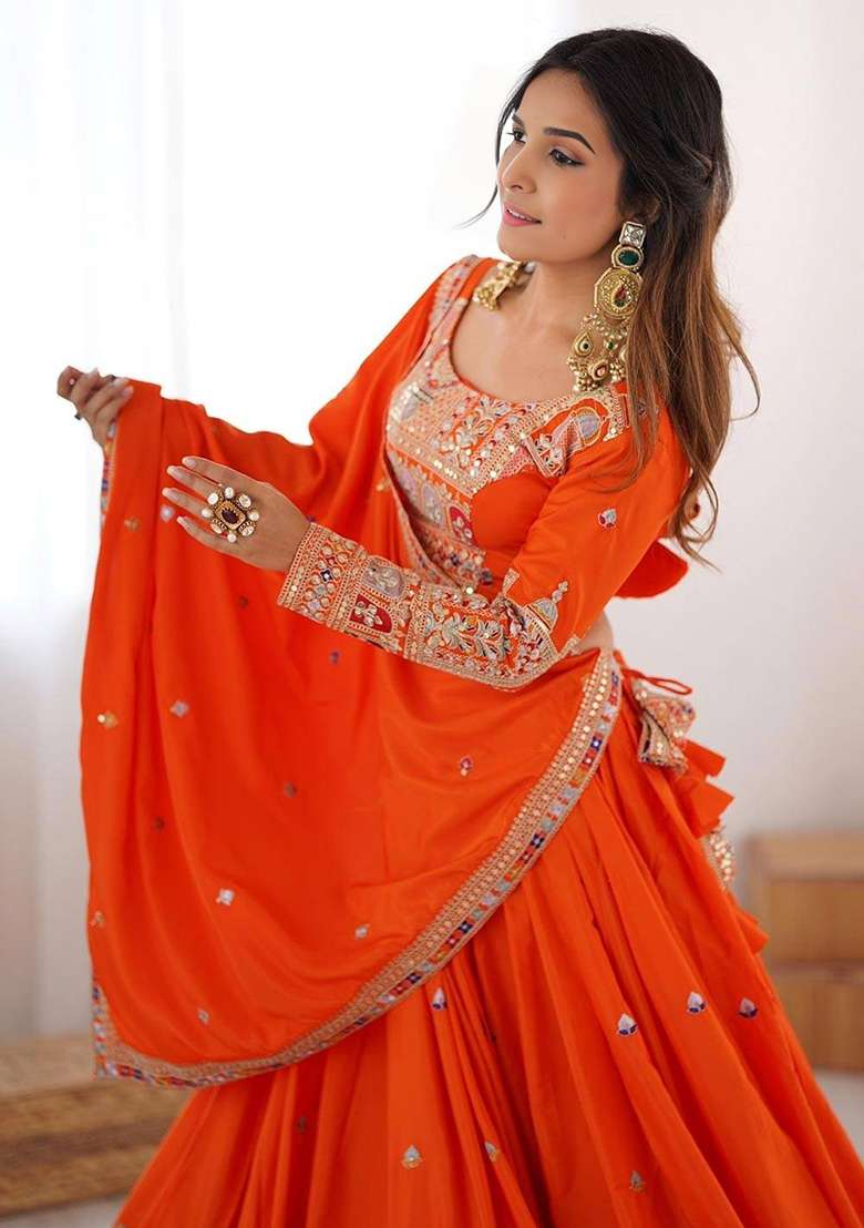 Orange Embroidery Silk Blend Lehenga Set - Indya