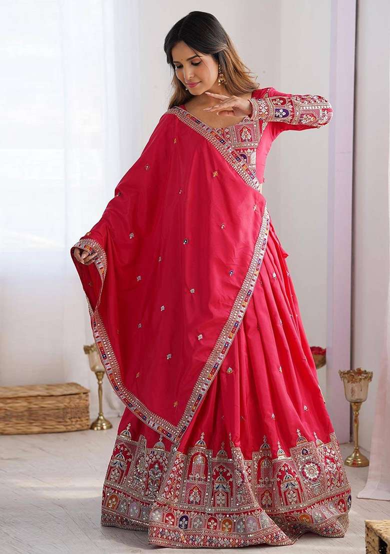 Pink Embroidery Silk Blend Lehenga Set for Diwali and Festive Wear - Indya