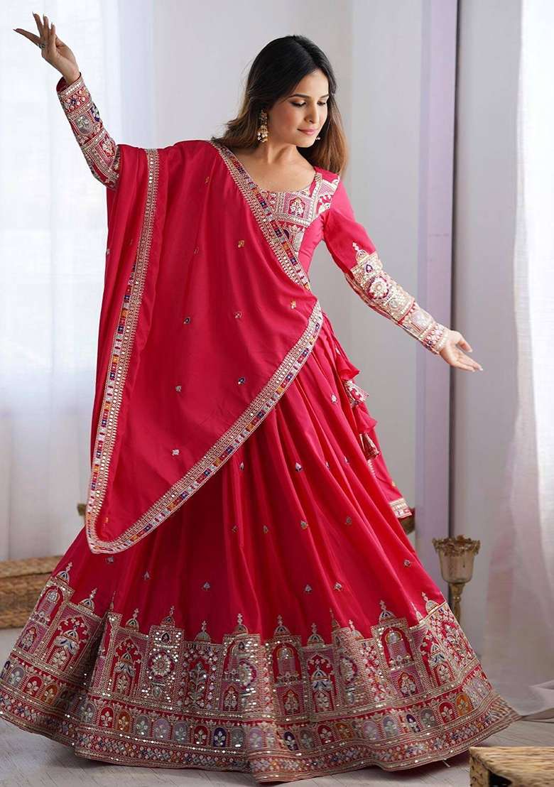 Pink Embroidery Silk Blend Lehenga Set for Diwali and Festive Wear - Indya