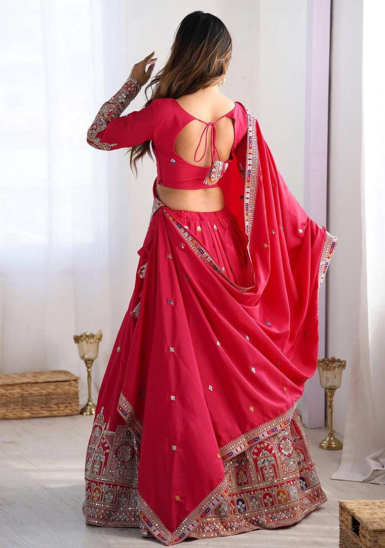 Pink Embroidery Silk Blend Lehenga Set for Diwali and Festive Wear - Indya