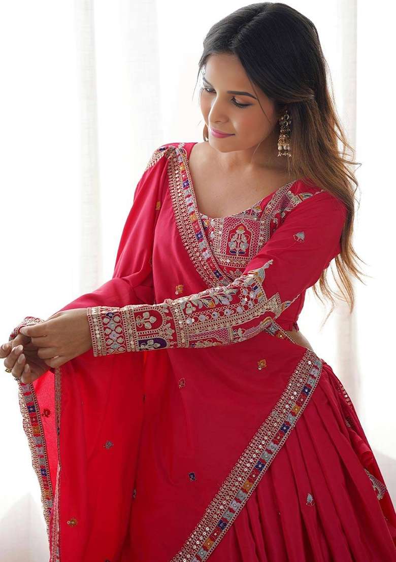 Pink Embroidery Silk Blend Lehenga Set for Diwali and Festive Wear - Indya