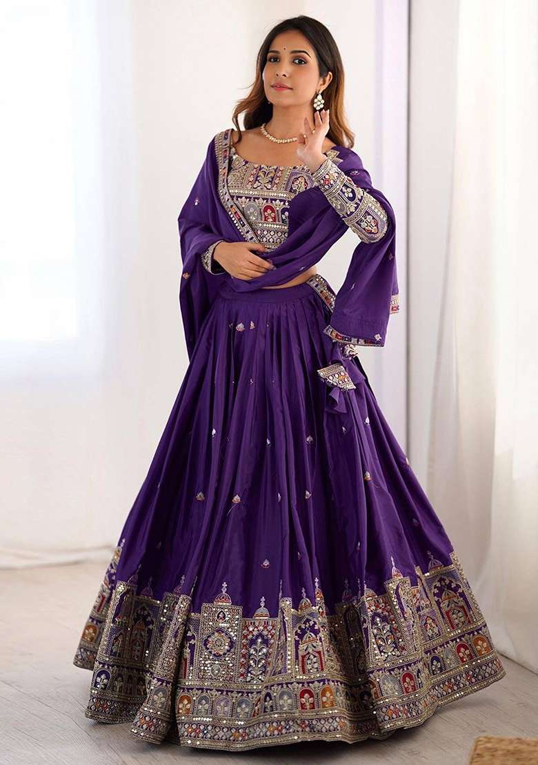 Purple Silk Blend Lehenga Set with Embroidery for Diwali | Wedding & Festive Wear - Indya