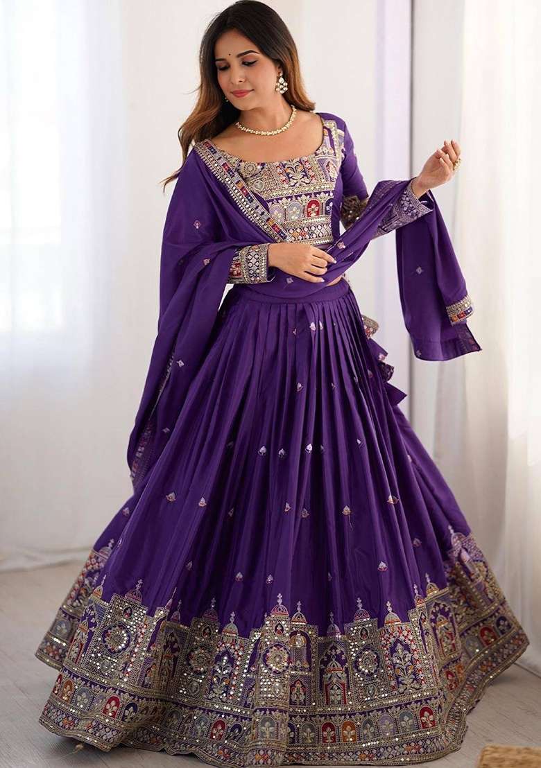 Purple Silk Blend Lehenga Set with Embroidery for Diwali | Wedding & Festive Wear - Indya