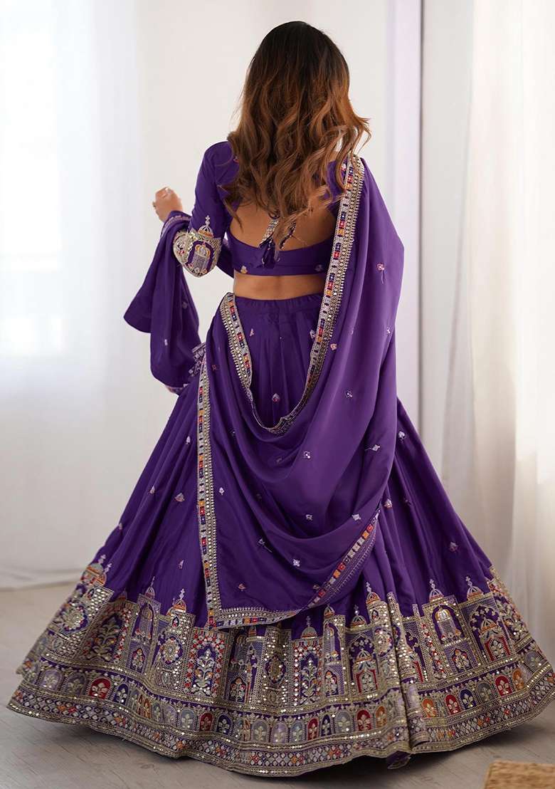 Purple Silk Blend Lehenga Set with Embroidery for Diwali | Wedding & Festive Wear - Indya
