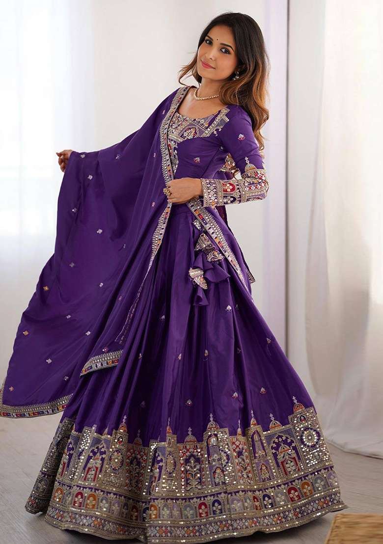 Purple Silk Blend Lehenga Set with Embroidery for Diwali | Wedding & Festive Wear - Indya
