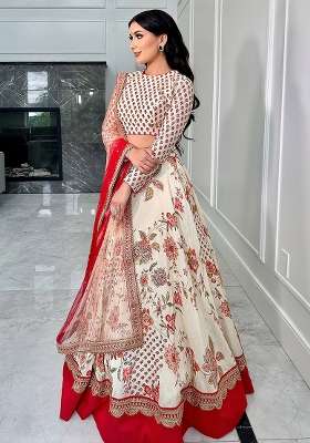 Cream Chinnon Lehenga Set with Embroidery for Diwali | Wedding & Festive Wear