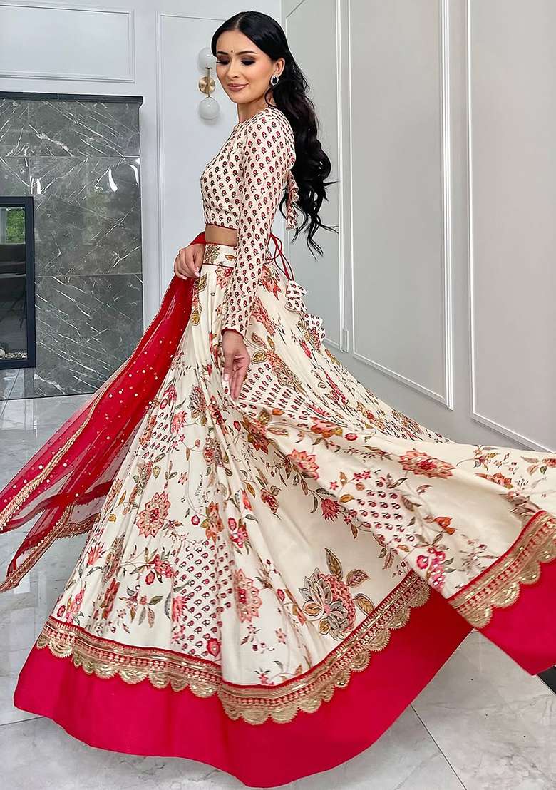 Cream Chinnon Lehenga Set with Embroidery for Diwali | Wedding & Festive Wear - Indya