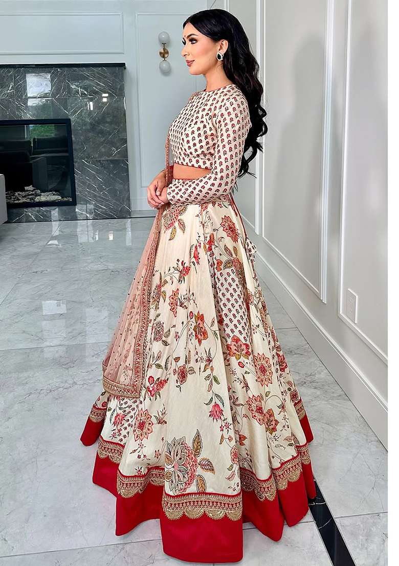 Cream Chinnon Lehenga Set with Embroidery for Diwali | Wedding & Festive Wear - Indya
