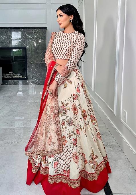 Cream Embroidery Chinnon Lehenga Set