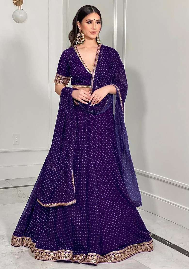 Purple Georgette Lehenga Set with Embroidery for Diwali | Wedding & Festive Wear - Indya