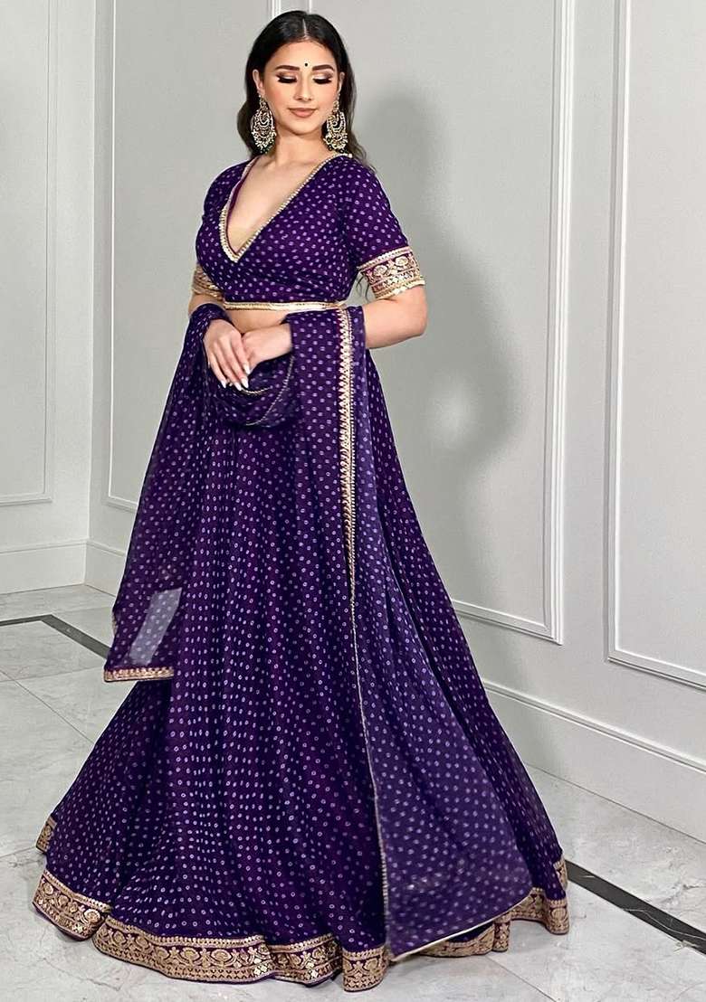 Purple Georgette Lehenga Set with Embroidery for Diwali | Wedding & Festive Wear - Indya