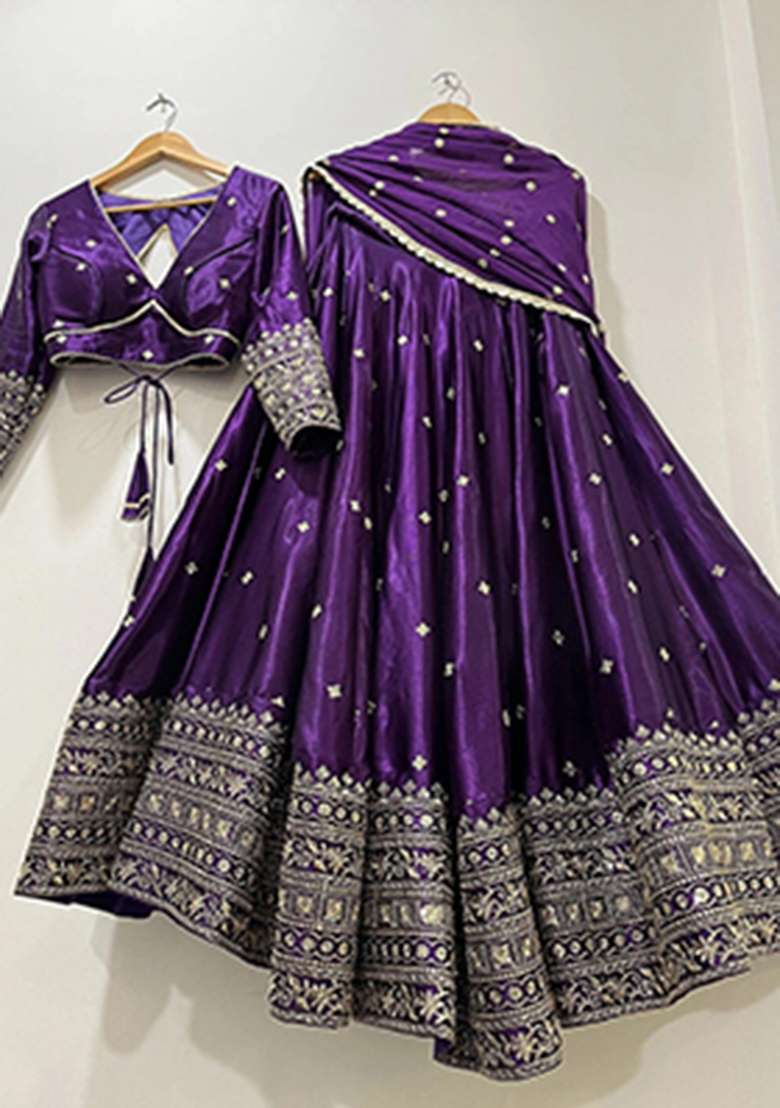 Purple Heavy Embroidered Work Satin Lehenga Set - Indya