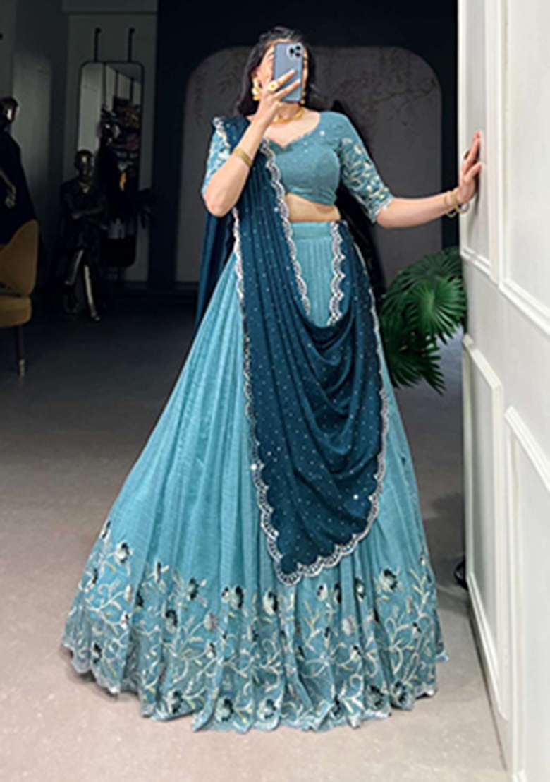 Sky Blue Heavy Embroidered Work Chinnon Lehenga Set - Indya