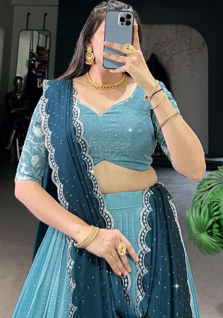 Sky Blue Heavy Embroidered Work Chinnon Lehenga Set - Indya