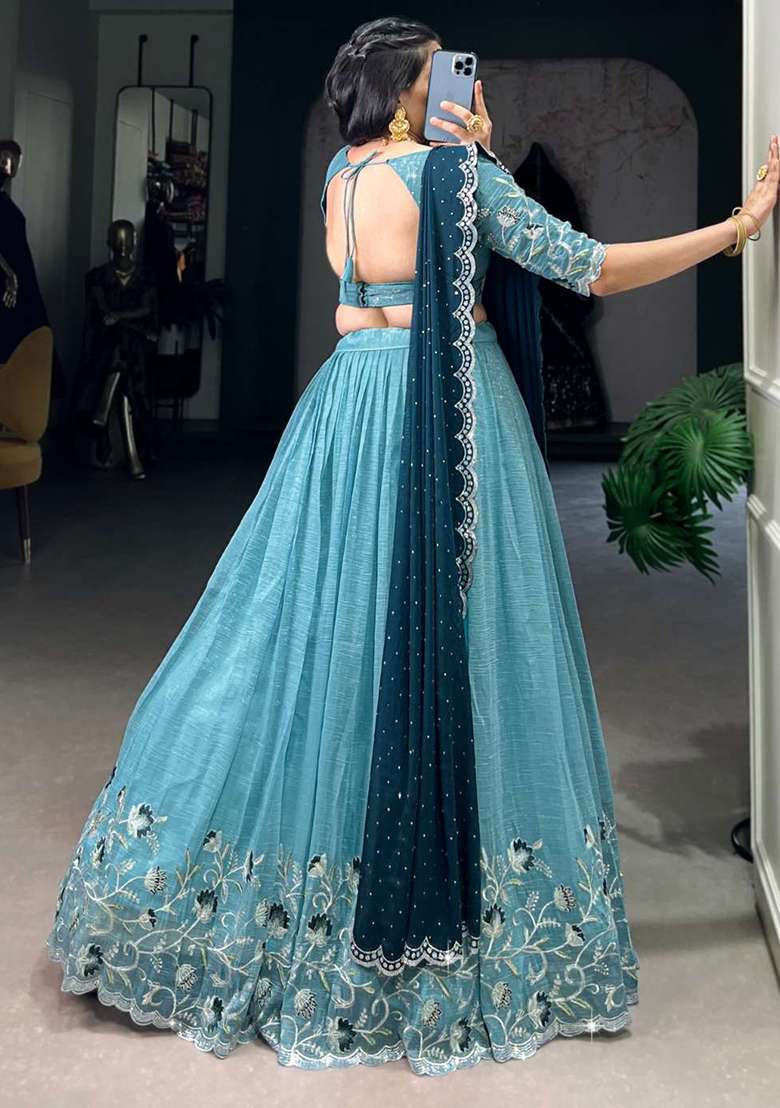 Sky Blue Heavy Embroidered Work Chinnon Lehenga Set - Indya