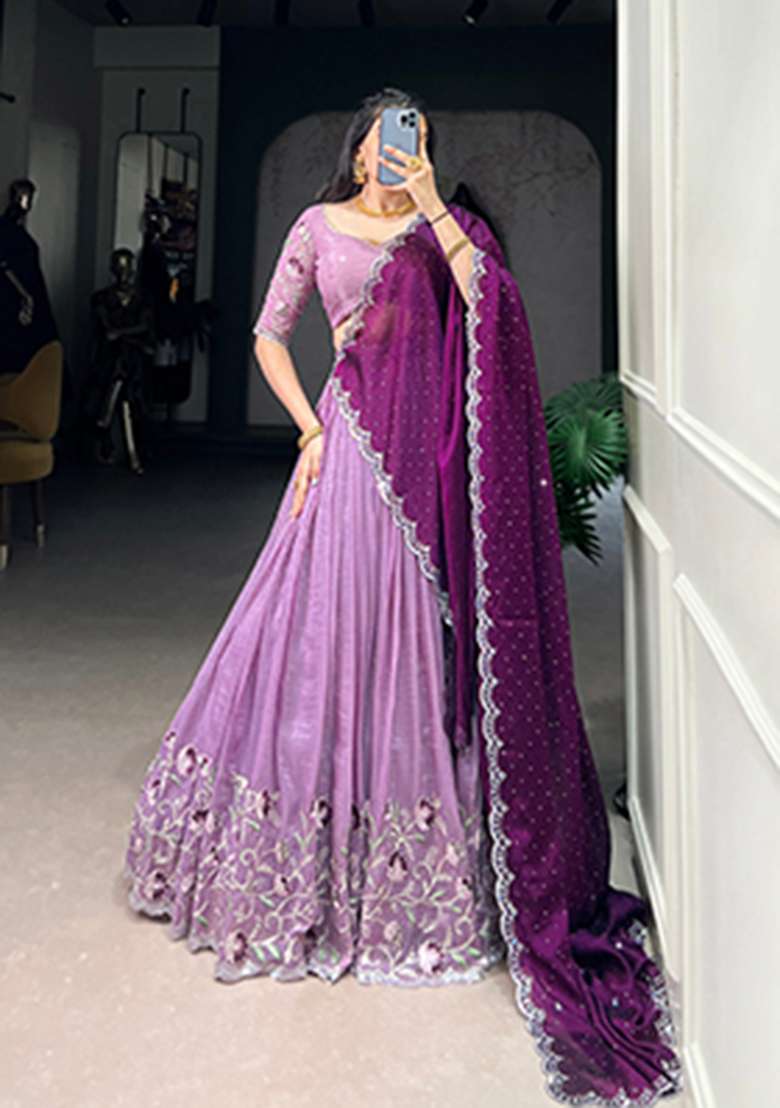 Purple Heavy Embroidered Work Chinnon Lehenga Set - Indya