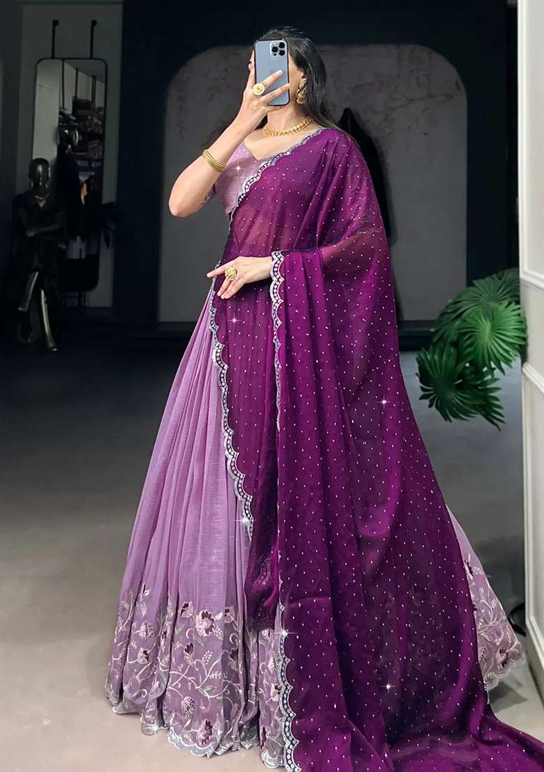 Purple Heavy Embroidered Work Chinnon Lehenga Set - Indya