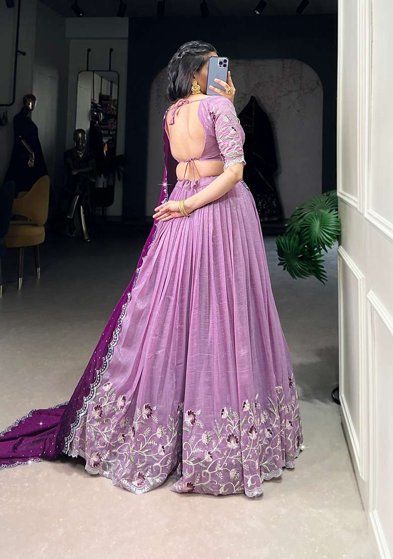Purple Heavy Embroidered Work Chinnon Lehenga Set - Indya
