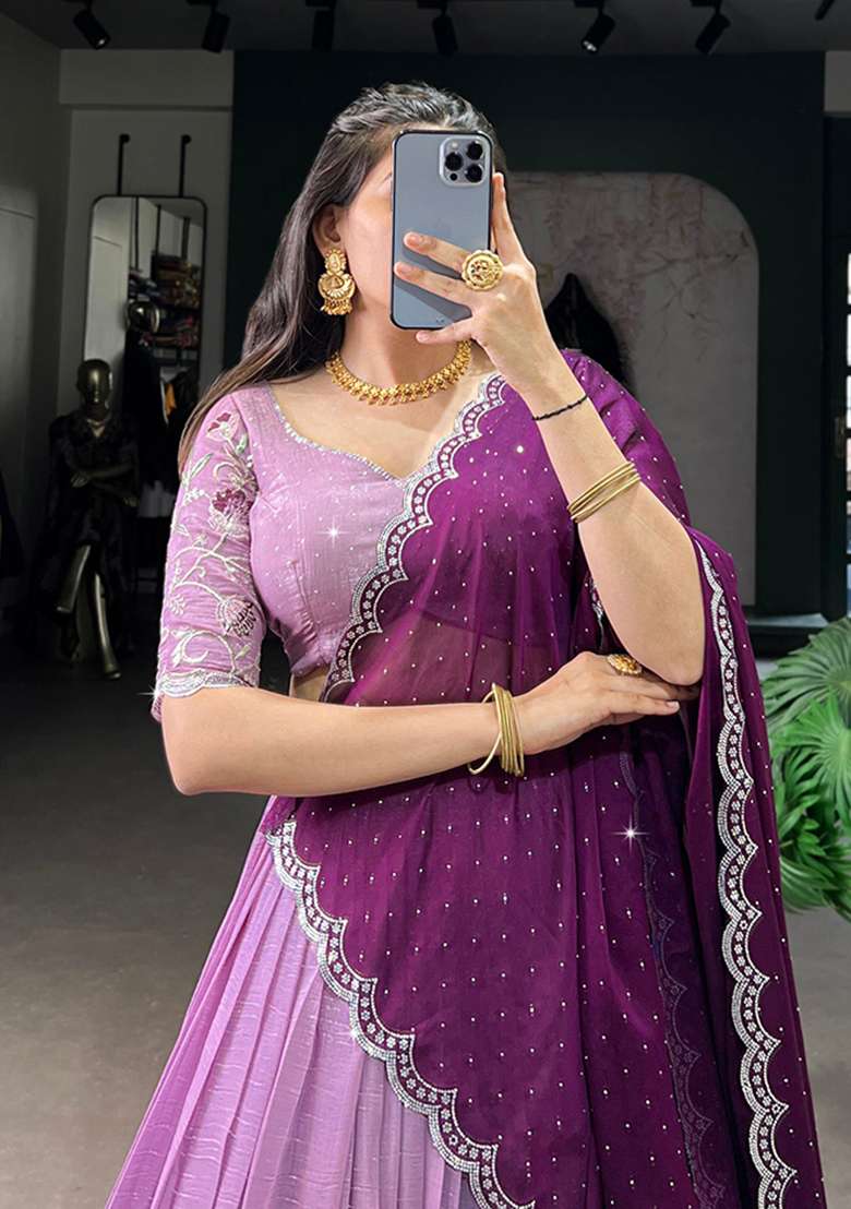 Purple Heavy Embroidered Work Chinnon Lehenga Set - Indya