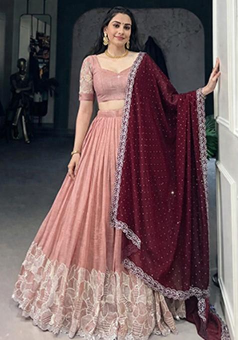 Pink Heavy Embroidered Work Chinnon Lehenga Set