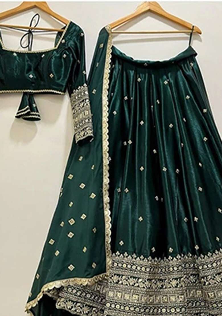 Dark Blue Heavy Embroidered Work Satin Lehenga Set - Indya