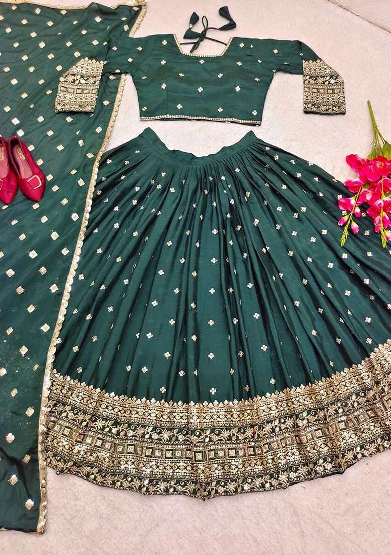 Dark Blue Heavy Embroidered Work Satin Lehenga Set - Indya