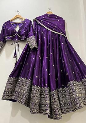 Purple Heavy Embroidered Work Satin Lehenga Set