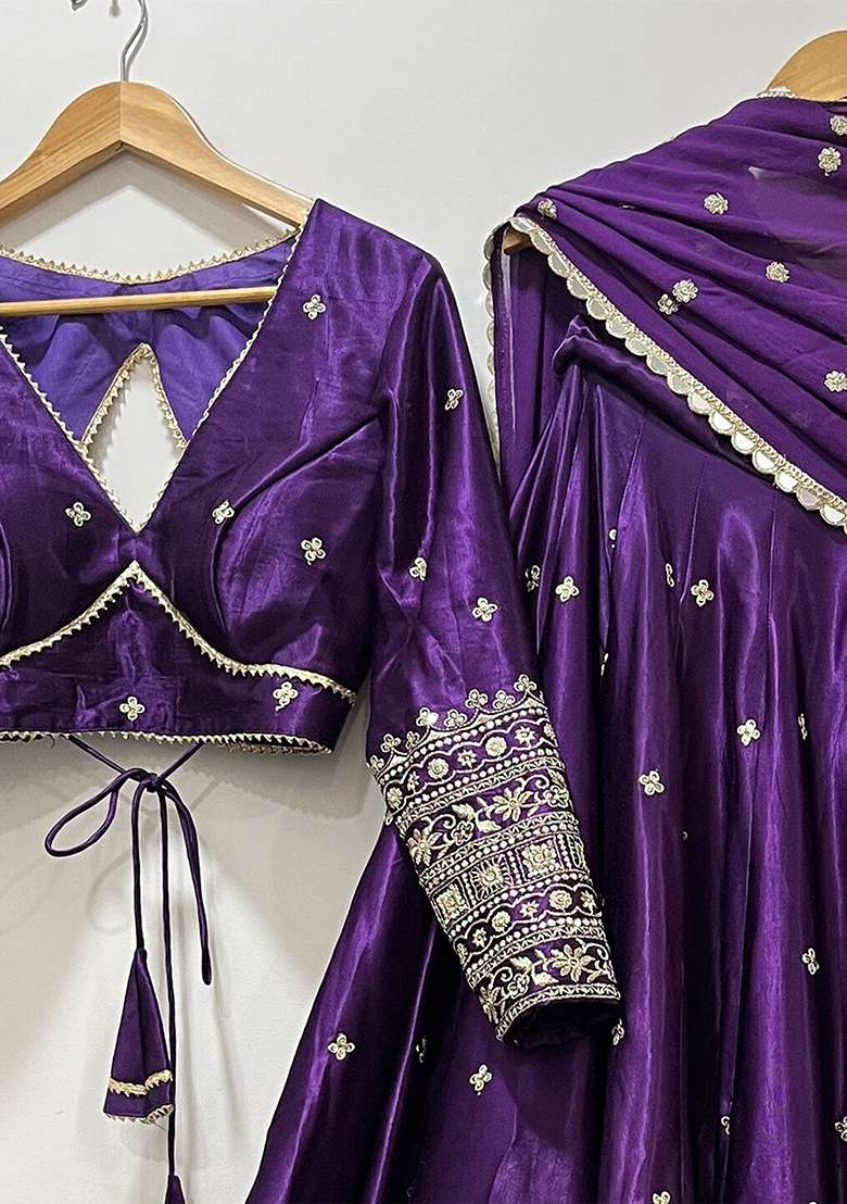 Purple Heavy Embroidered Work Satin Lehenga Set - Indya