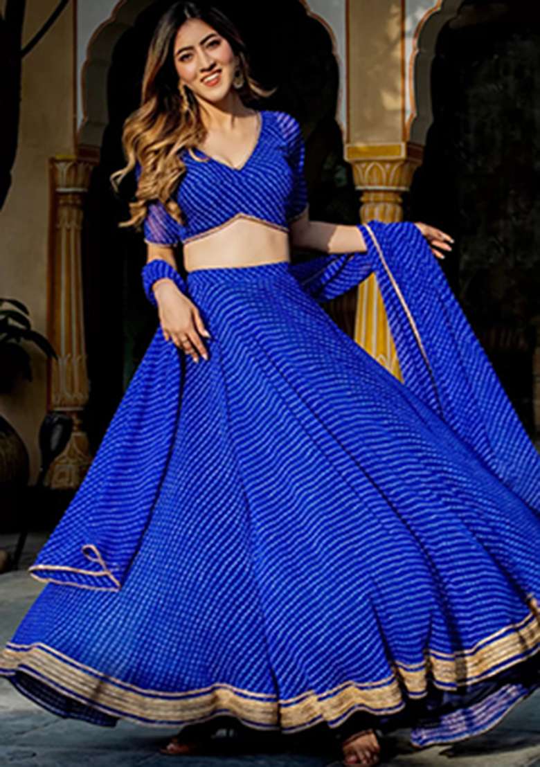 Blue Heavy Embroidered Work Georgette Lehenga Set - Indya