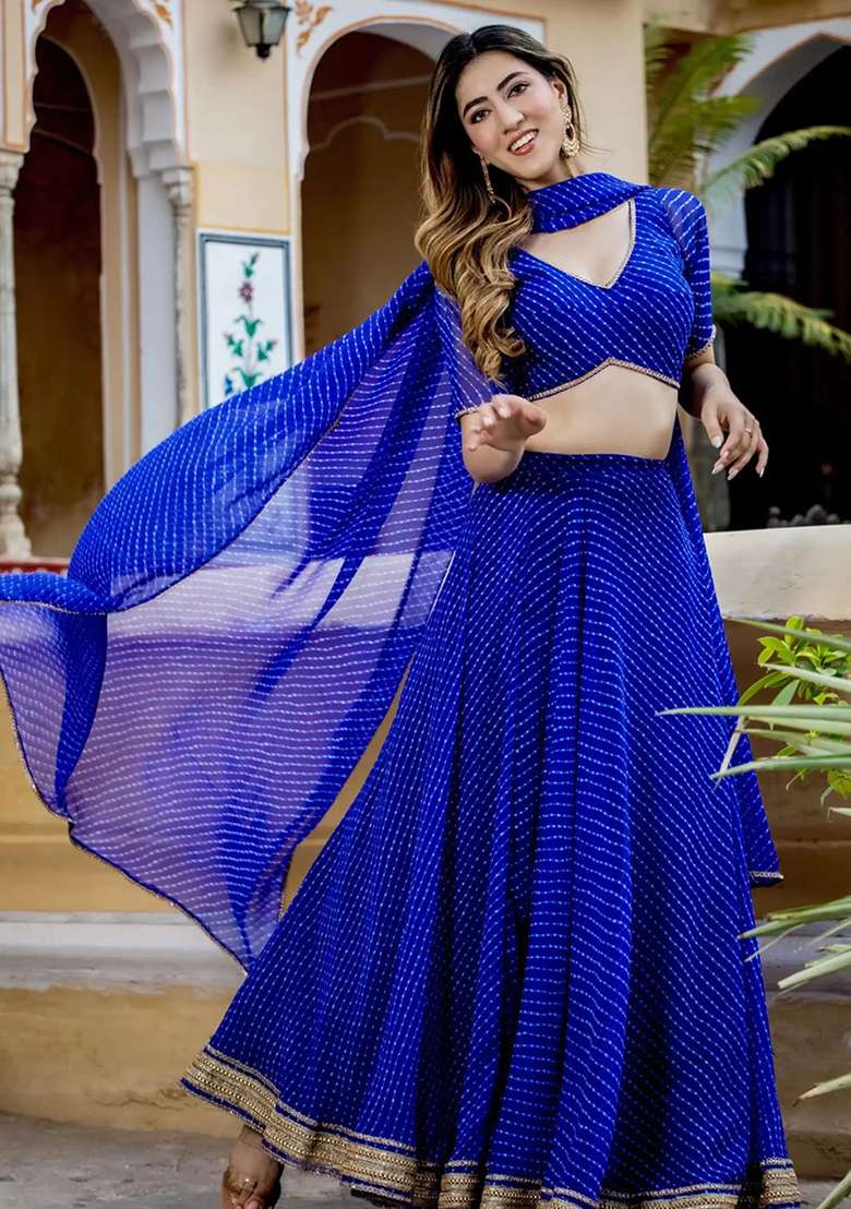 Blue Heavy Embroidered Work Georgette Lehenga Set - Indya