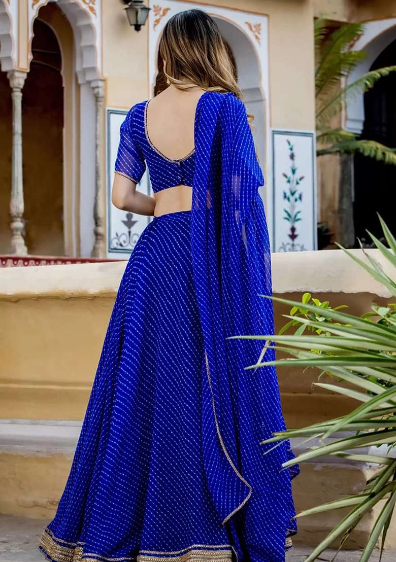 Blue Heavy Embroidered Work Georgette Lehenga Set - Indya