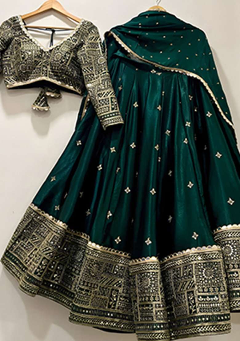 Green Heavy Embroidered Work Satin Lehenga Set - Indya