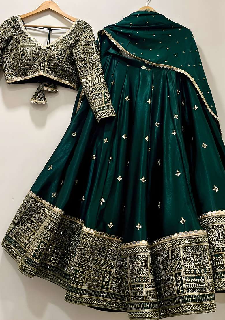 Green Heavy Embroidered Work Satin Lehenga Set - Indya