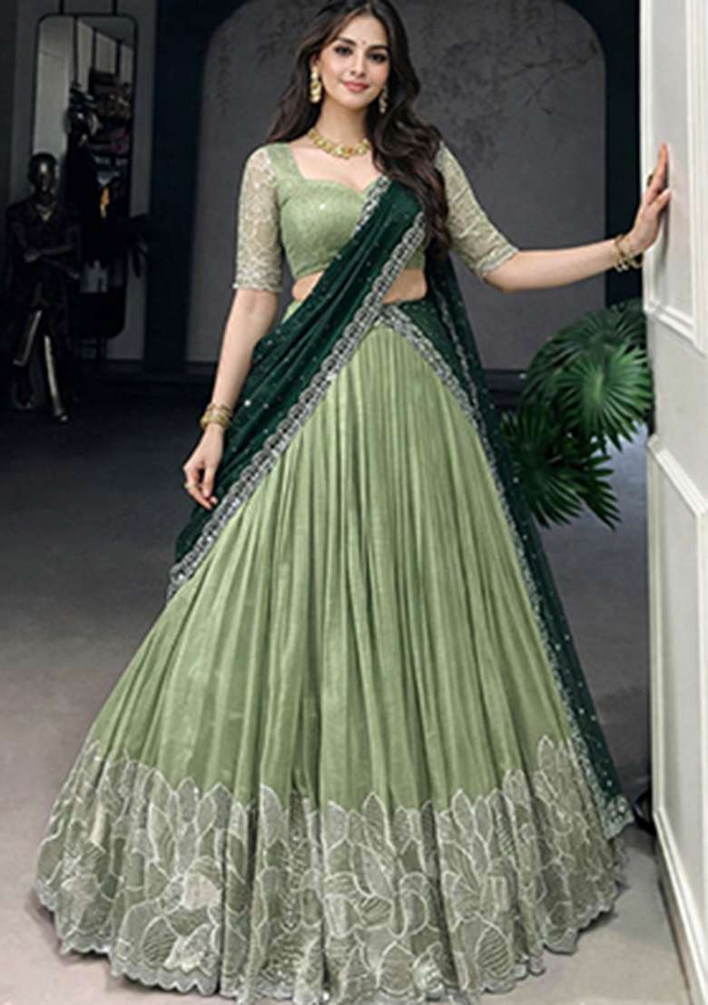 Pista Heavy Embroidered Work Chinnon Lehenga Set - Indya