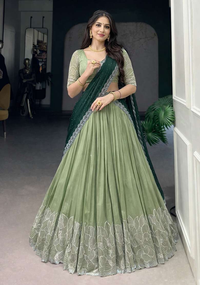 Pista Heavy Embroidered Work Chinnon Lehenga Set - Indya